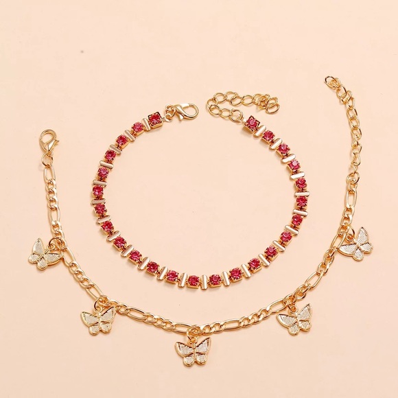 Butterfly dainty crystal anklet 2 pieces set - Picture 3 of 6